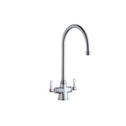 Chrome kitchen faucet with tall gooseneck spout and two lever handles on cylindrical base.