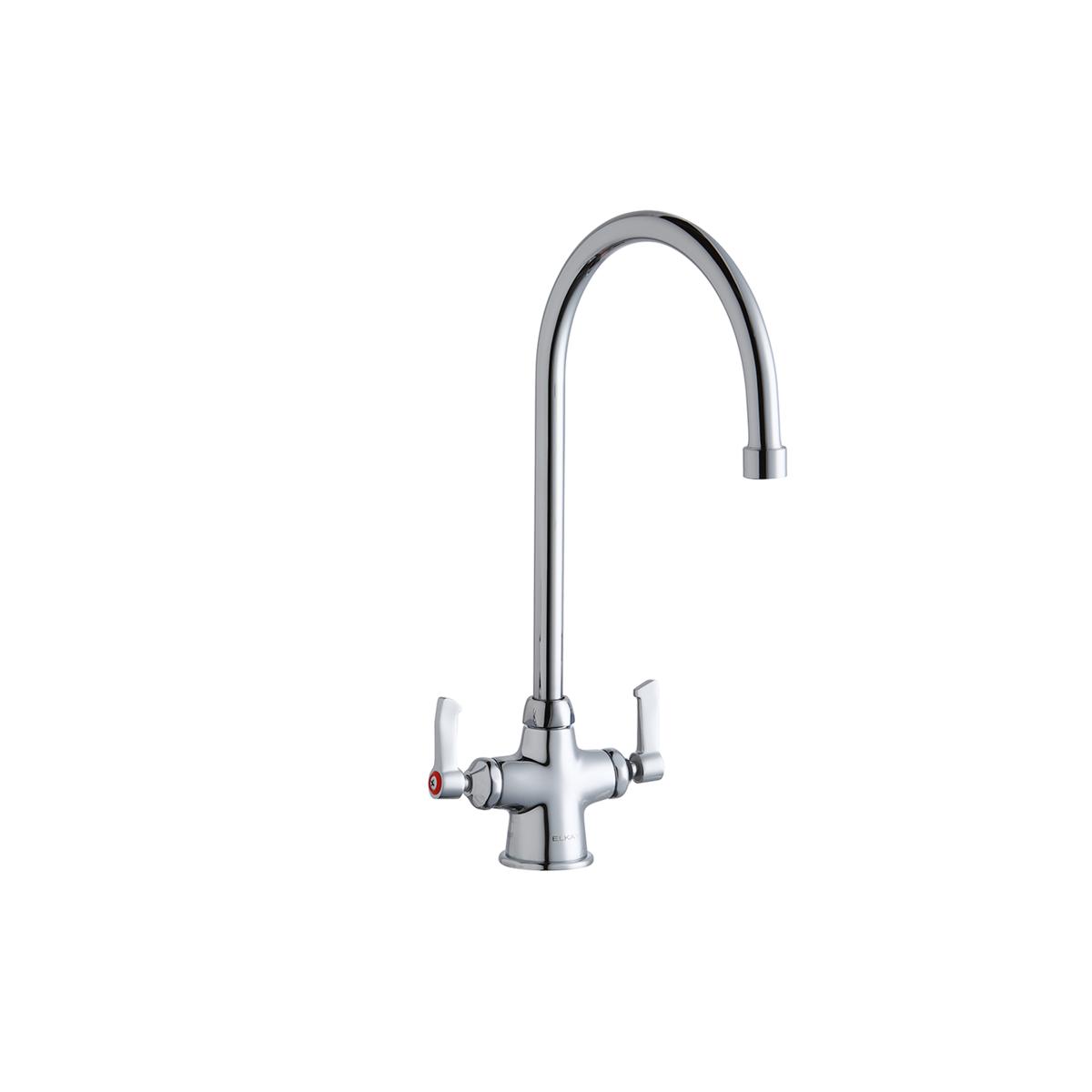 Chrome kitchen faucet with tall gooseneck spout and two lever handles on cylindrical base.