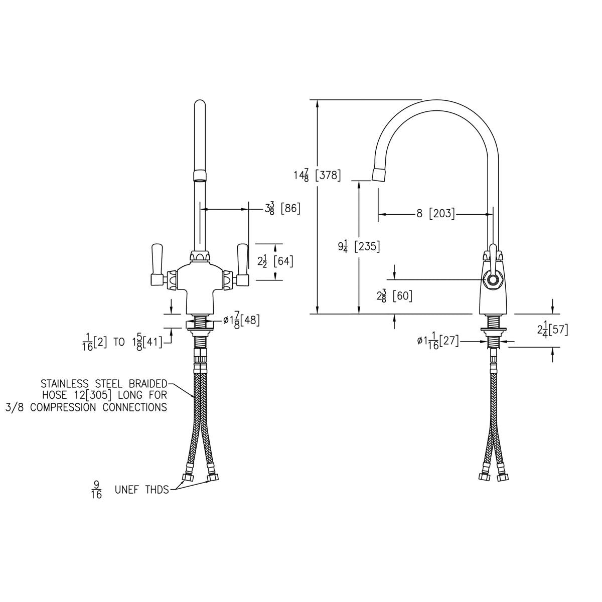 Chrome faucet with curved gooseneck spout and dual lever handles shown in technical specification drawing with measurements.