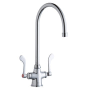 Chrome kitchen faucet with tall gooseneck spout and two wristblade handles.