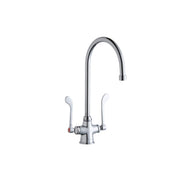 Chrome kitchen faucet with gooseneck spout and two wristblade handles.