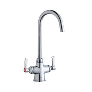 Chrome kitchen faucet with tall curved gooseneck spout and two lever handles.