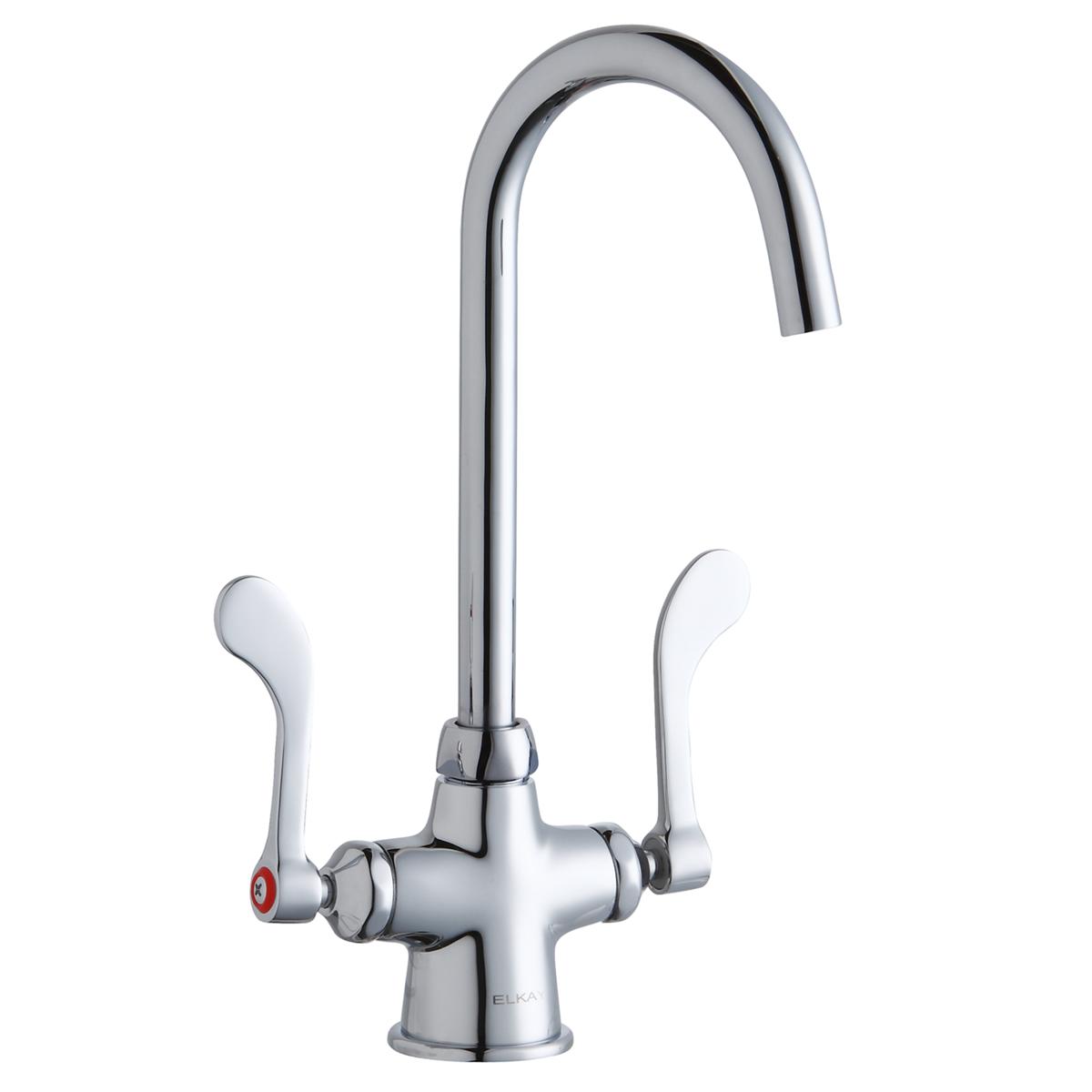 Chrome kitchen faucet with tall curved gooseneck spout and two white wristblade handles on either side.