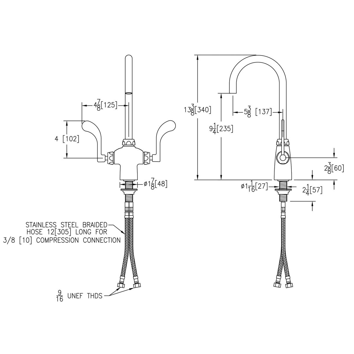 Chrome faucet with gooseneck spout, wristblade handles, and stainless steel braided hoses shown in technical specification di