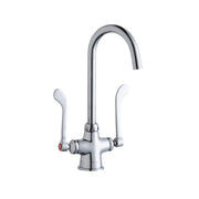 Chrome kitchen faucet with gooseneck spout and two wristblade handles.