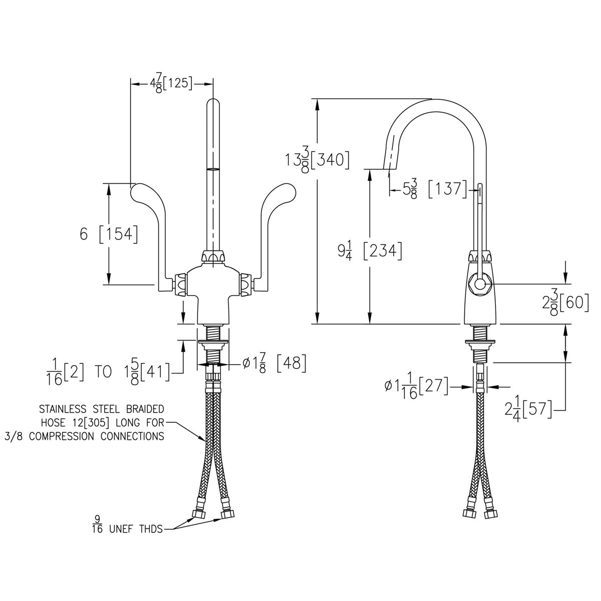 Chrome kitchen faucet with curved gooseneck spout and two wristblade handles, shown in technical specification drawing with d