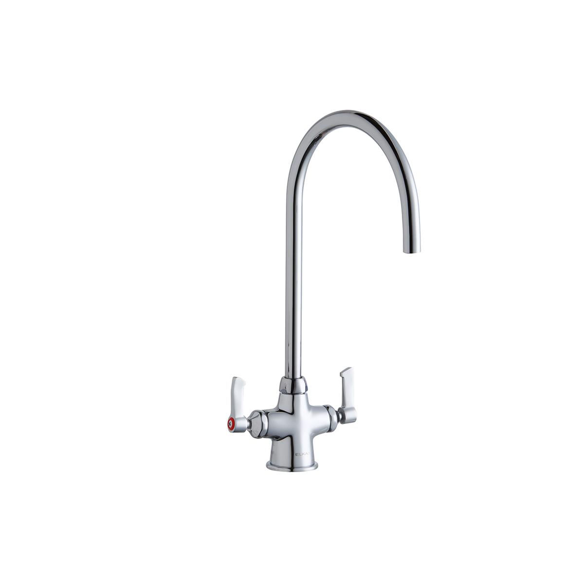 Chrome single-hole kitchen faucet with curved gooseneck spout and two lever handles.