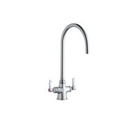 Chrome single-hole kitchen faucet with curved gooseneck spout and two lever handles.