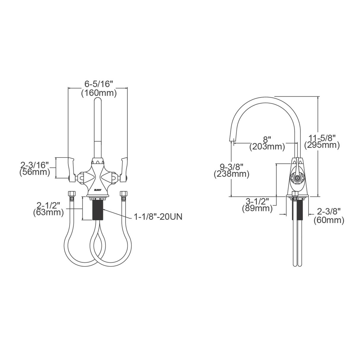 Chrome single-hole faucet with 8" gooseneck spout and 2" lever handles, shown in front and side technical drawings with dimen