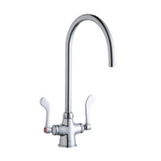 Chrome kitchen faucet with tall curved gooseneck spout and two wristblade handles.