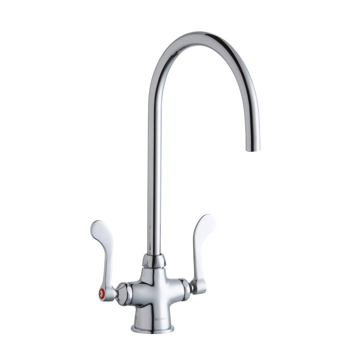 Chrome kitchen faucet with tall curved gooseneck spout and two wristblade handles.