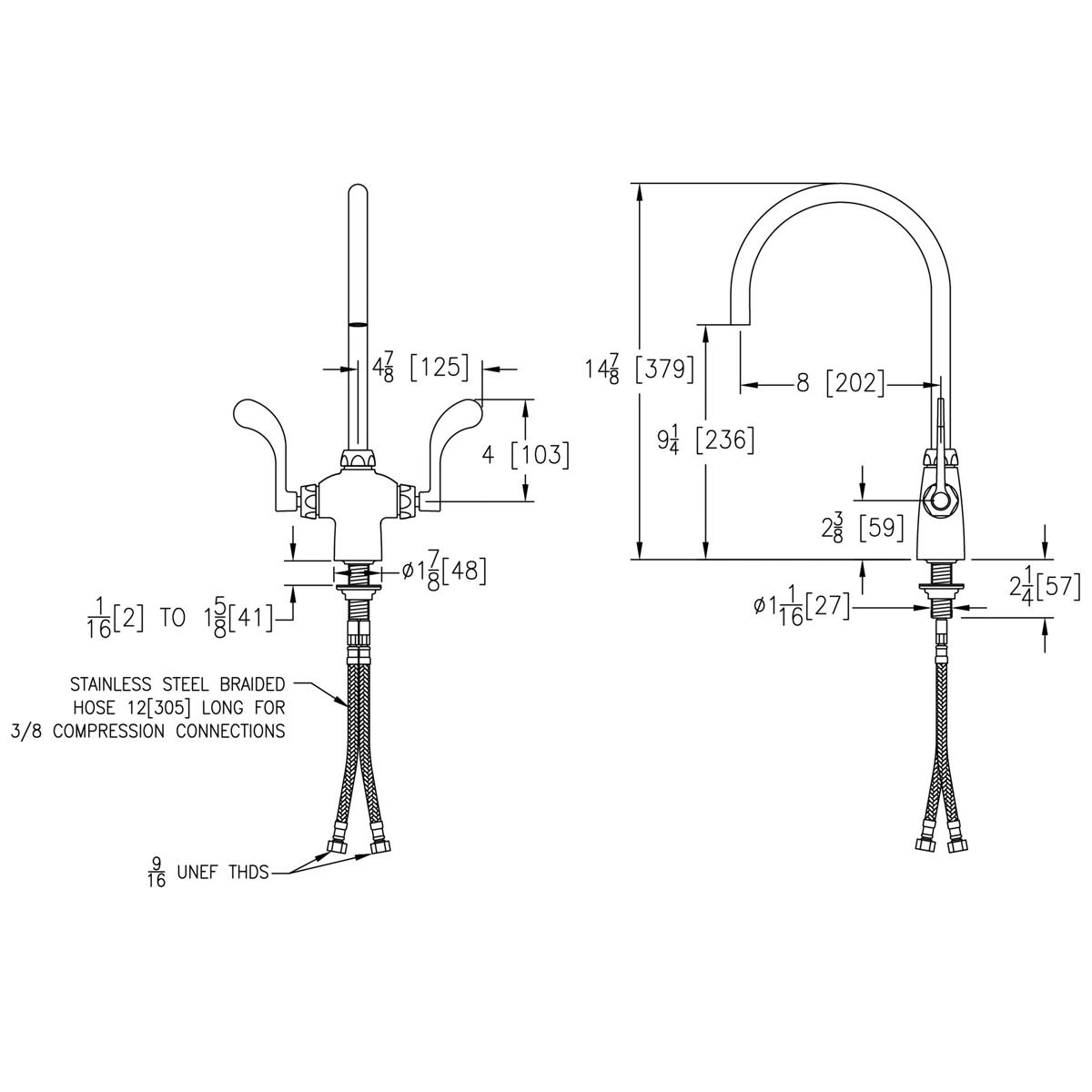 Chrome faucet with 8" gooseneck spout, 4" wristblade handles, and stainless steel braided hoses shown in technical diagram wi