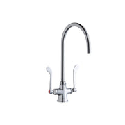 Chrome kitchen faucet with tall arched gooseneck spout and two white wristblade handles.