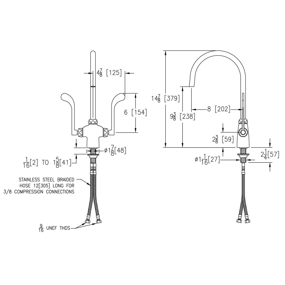 Chrome single-hole faucet with curved gooseneck spout and wristblade handles, shown in technical schematic with dimensions an