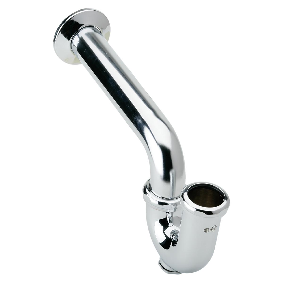 Polished chrome P-trap with curved pipe section and removable cleanout plug at bottom.
