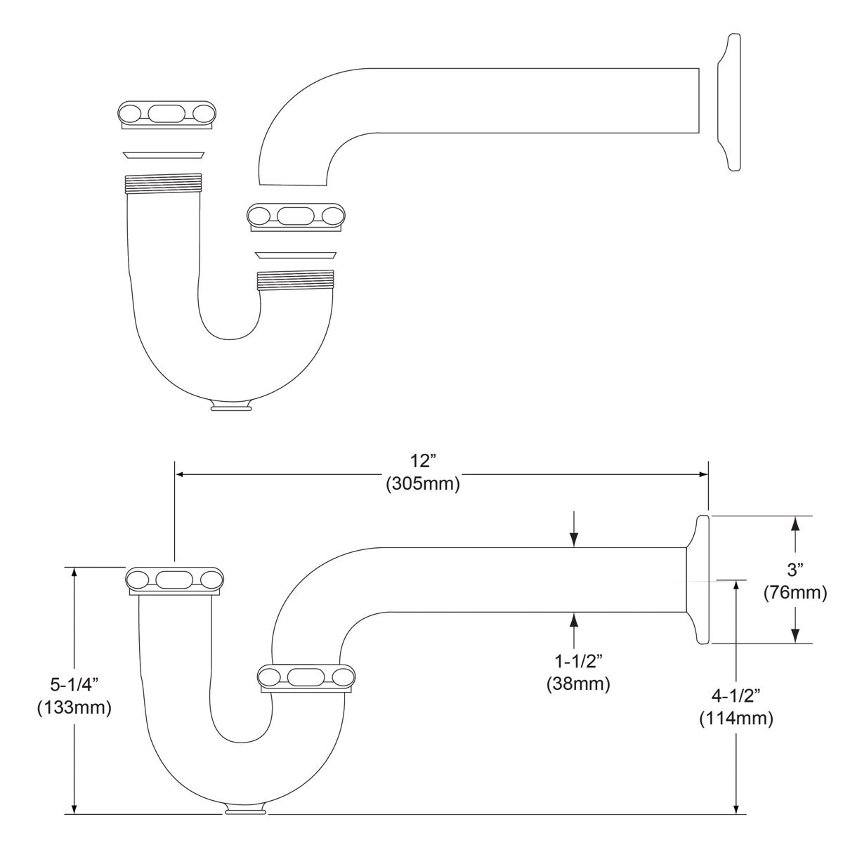 Chrome P-trap assembly with curved bottom section, horizontal outlet pipe, and cleanout plug access point shown in technical 