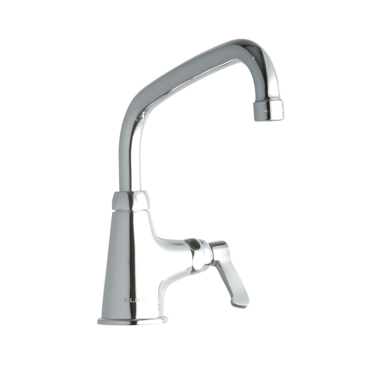 Chrome single-hole faucet with arched spout and lever handle.