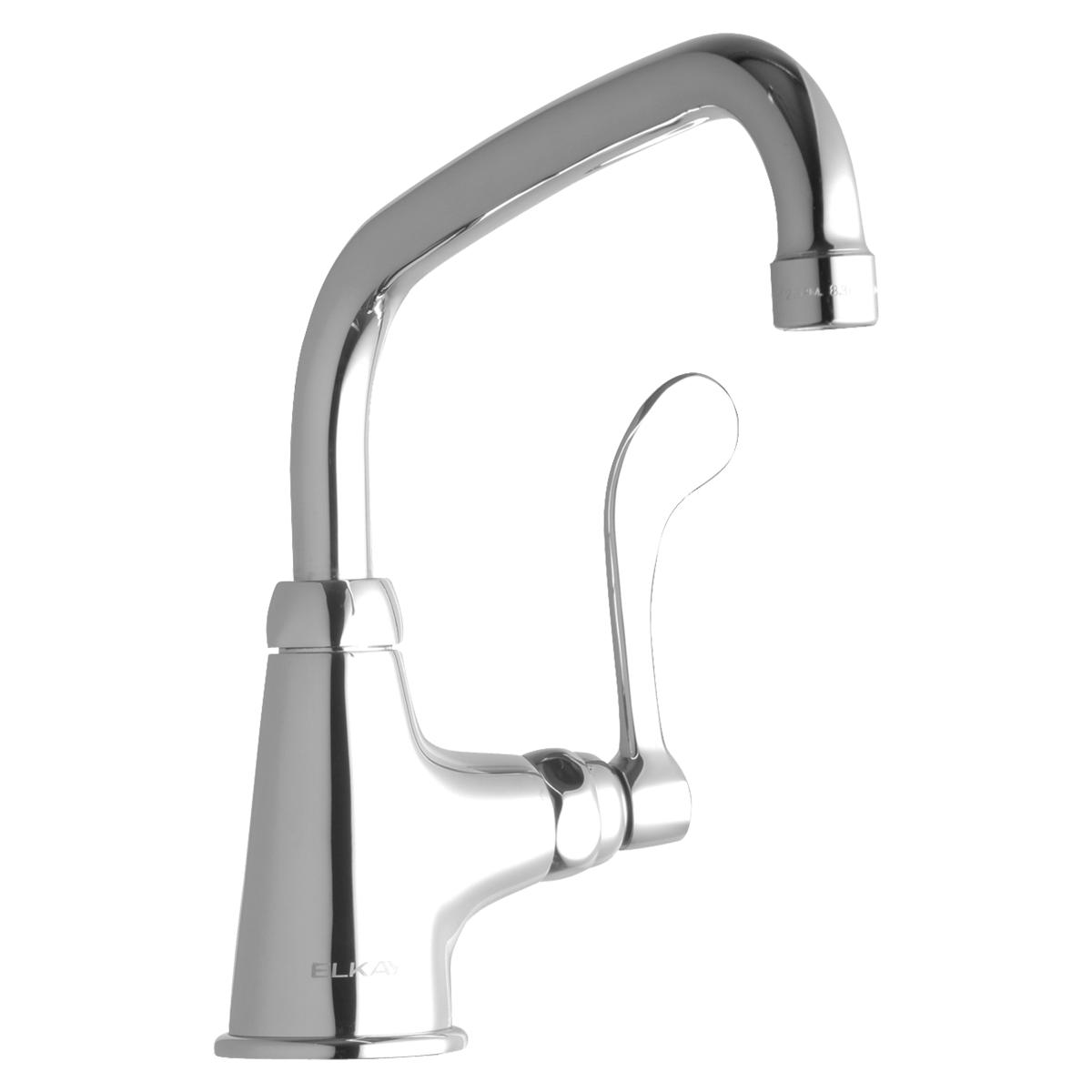 Chrome single-hole faucet with curved arc spout and wristblade handle lever control.