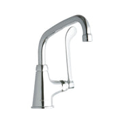 Chrome single-hole faucet with curved arc spout and wristblade handle.