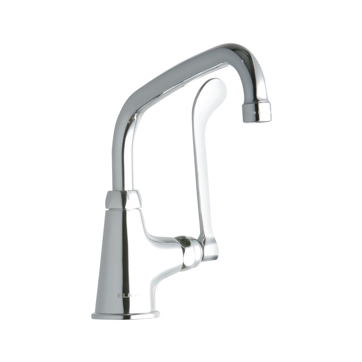 Chrome single-hole faucet with curved arc spout and wristblade handle.