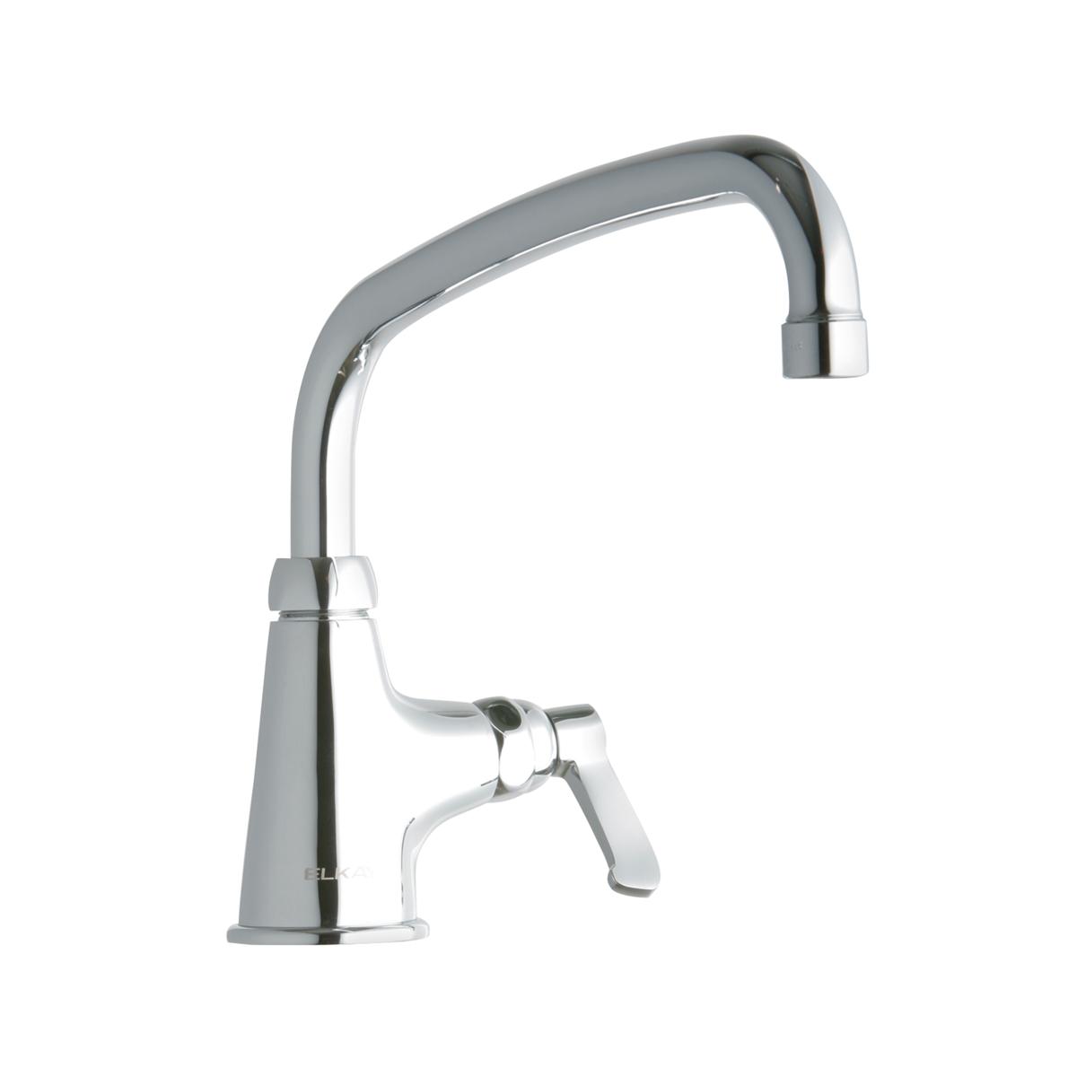 Chrome single-hole faucet with curved arc spout and lever handle on conical base.