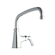 Chrome single-hole faucet with curved arc spout and lever handle on conical base.