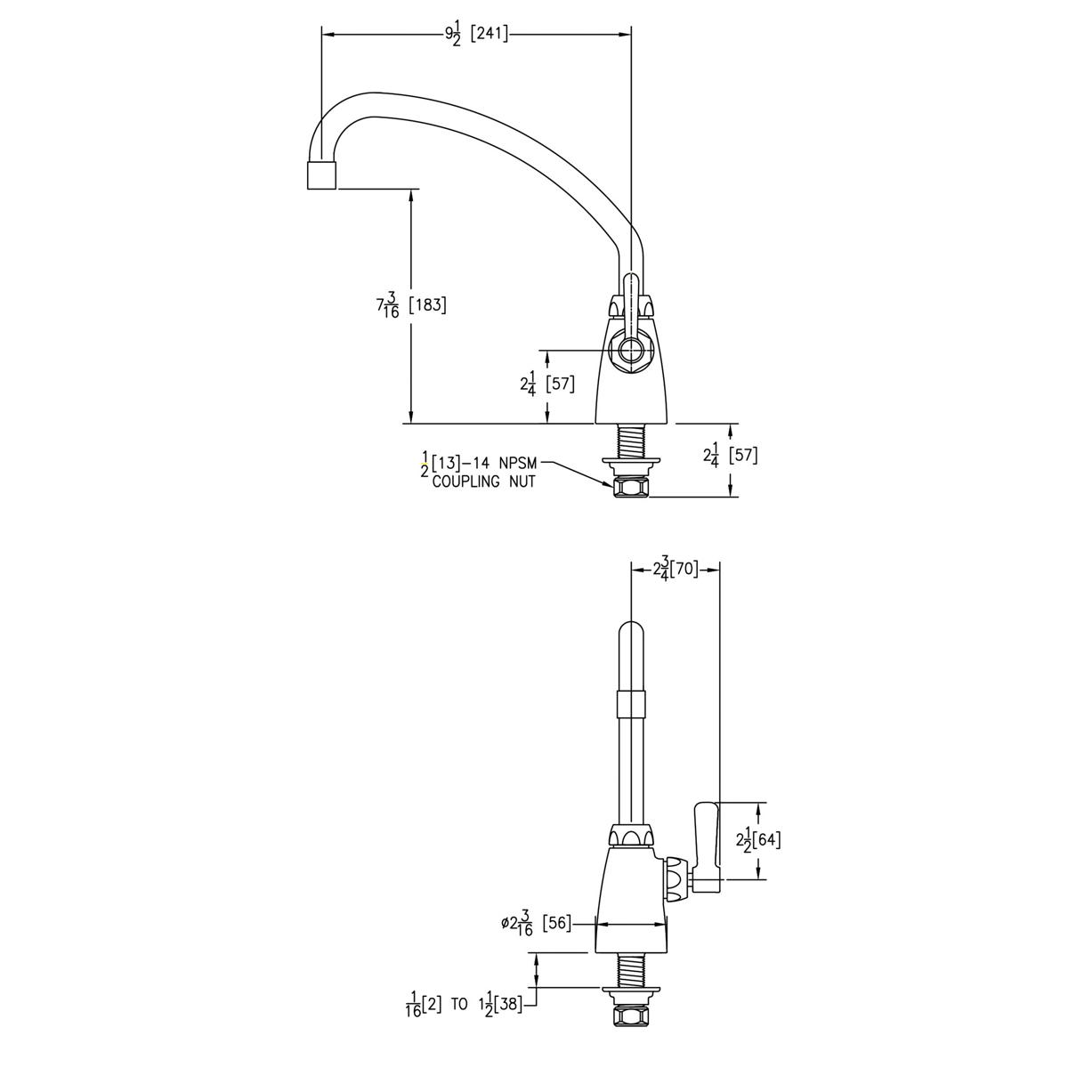 Chrome single-hole faucet with 10" arc tube spout and 2" lever handle shown in technical drawing with dimensions.