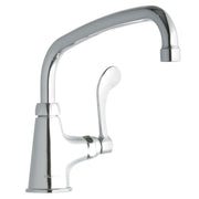 Chrome kitchen faucet with single wristblade handle and curved arc spout.