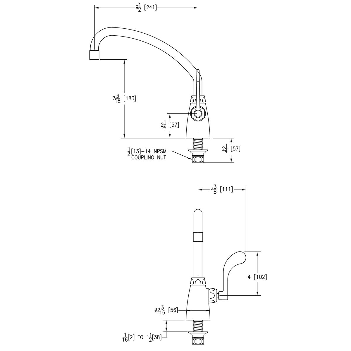 Chrome single-hole faucet with curved arc spout and wristblade handle, shown in technical blueprint with dimensions.