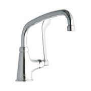 Chrome single-hole kitchen faucet with curved spout and wristblade handle.