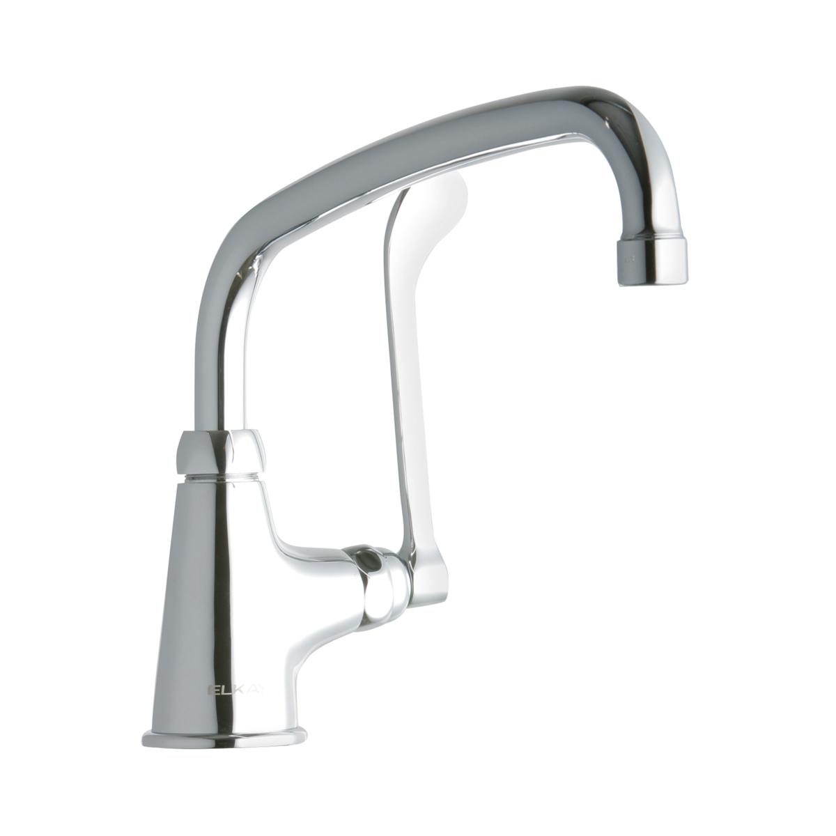 Chrome single-hole kitchen faucet with curved spout and wristblade handle.