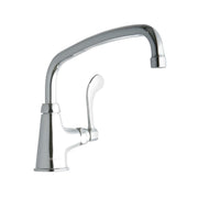 Chrome single-hole kitchen faucet with curved spout and single wristblade handle.