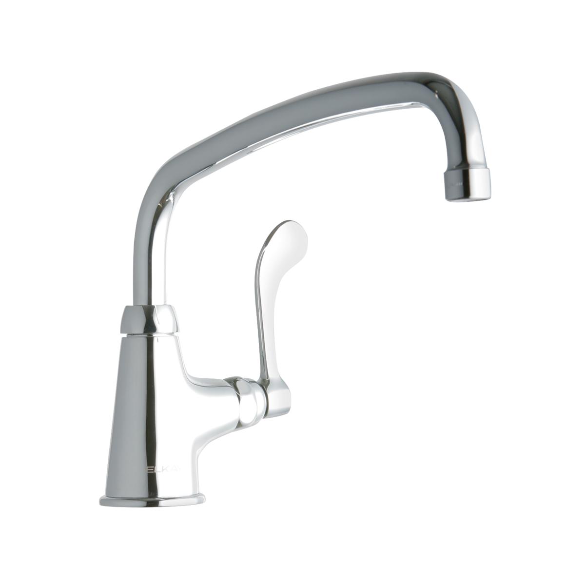 Chrome single-hole kitchen faucet with curved spout and single wristblade handle.