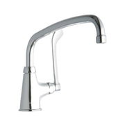 Chrome single-hole kitchen faucet with curved spout and lever handle.