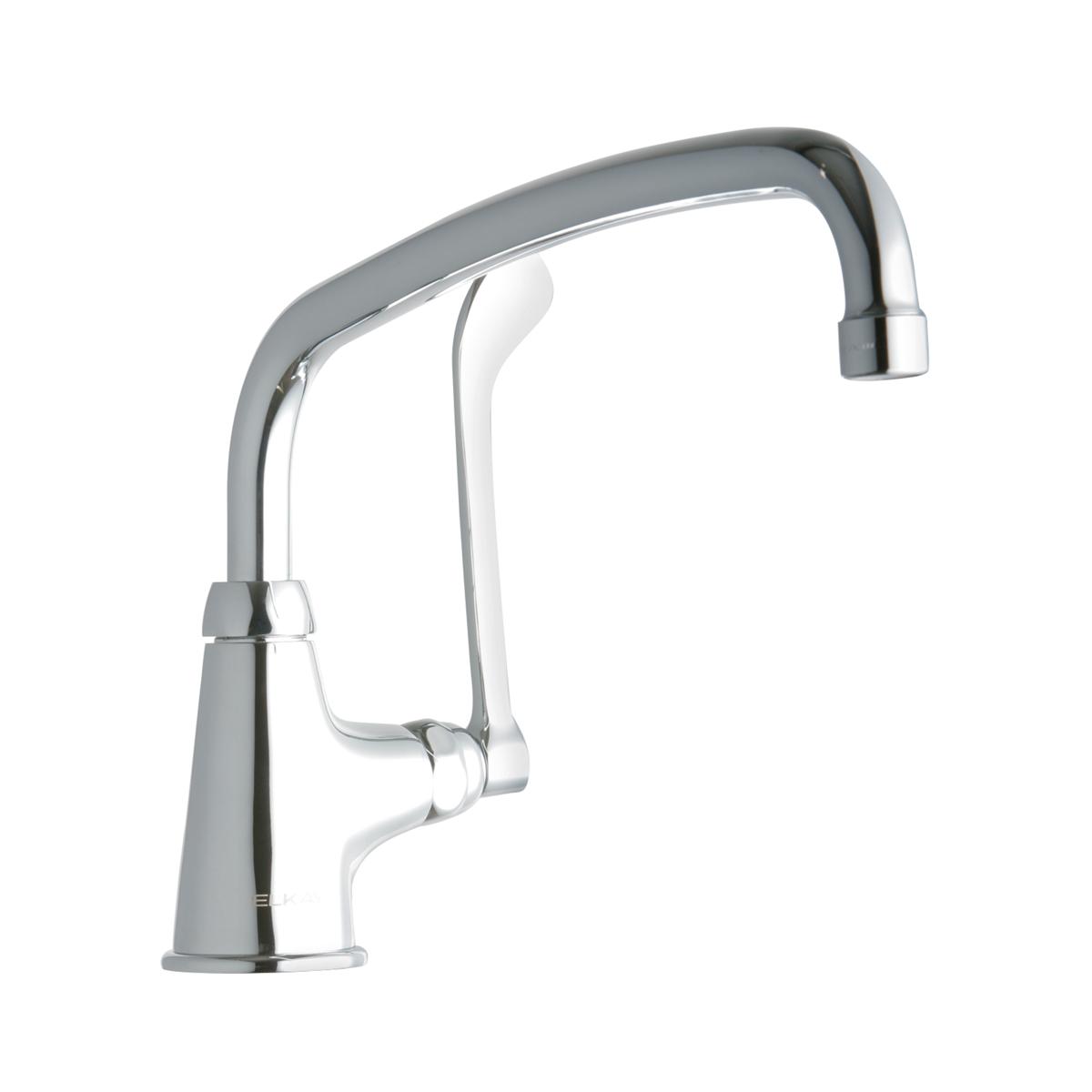 Chrome single-hole kitchen faucet with curved spout and lever handle.