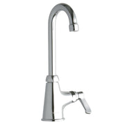 Chrome single-hole faucet with curved gooseneck spout and lever handle.