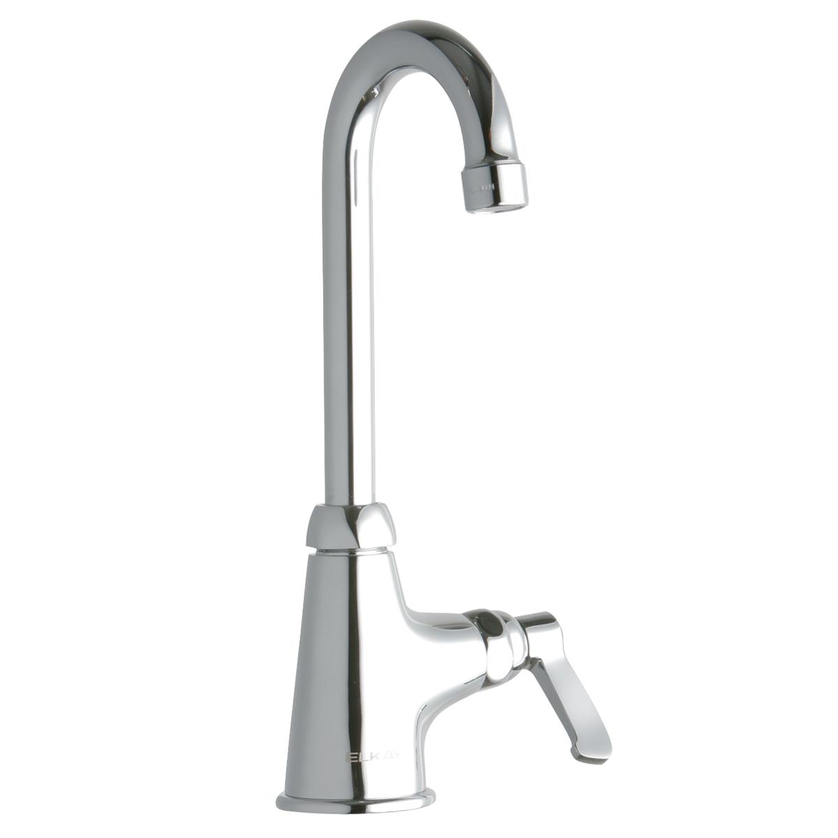 Chrome single-hole faucet with curved gooseneck spout and lever handle.