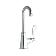 Chrome single-hole faucet with curved gooseneck spout and wristblade handle.