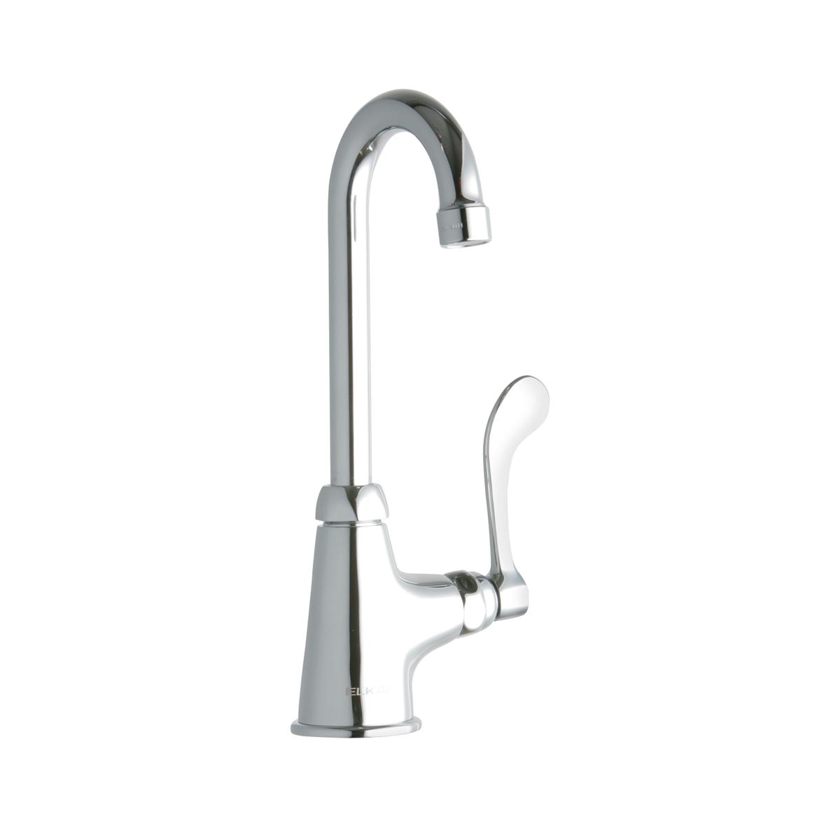 Chrome single-hole faucet with curved gooseneck spout and wristblade handle.