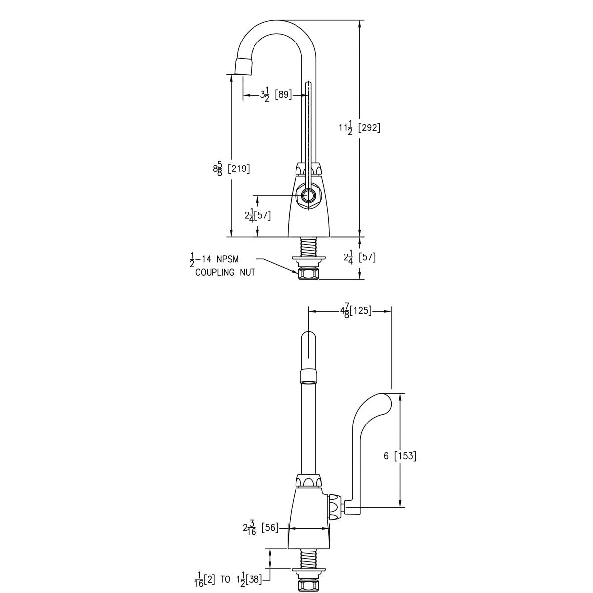 Chrome single-hole kitchen faucet with curved 4" gooseneck spout and wristblade handle, shown in technical schematic with dim
