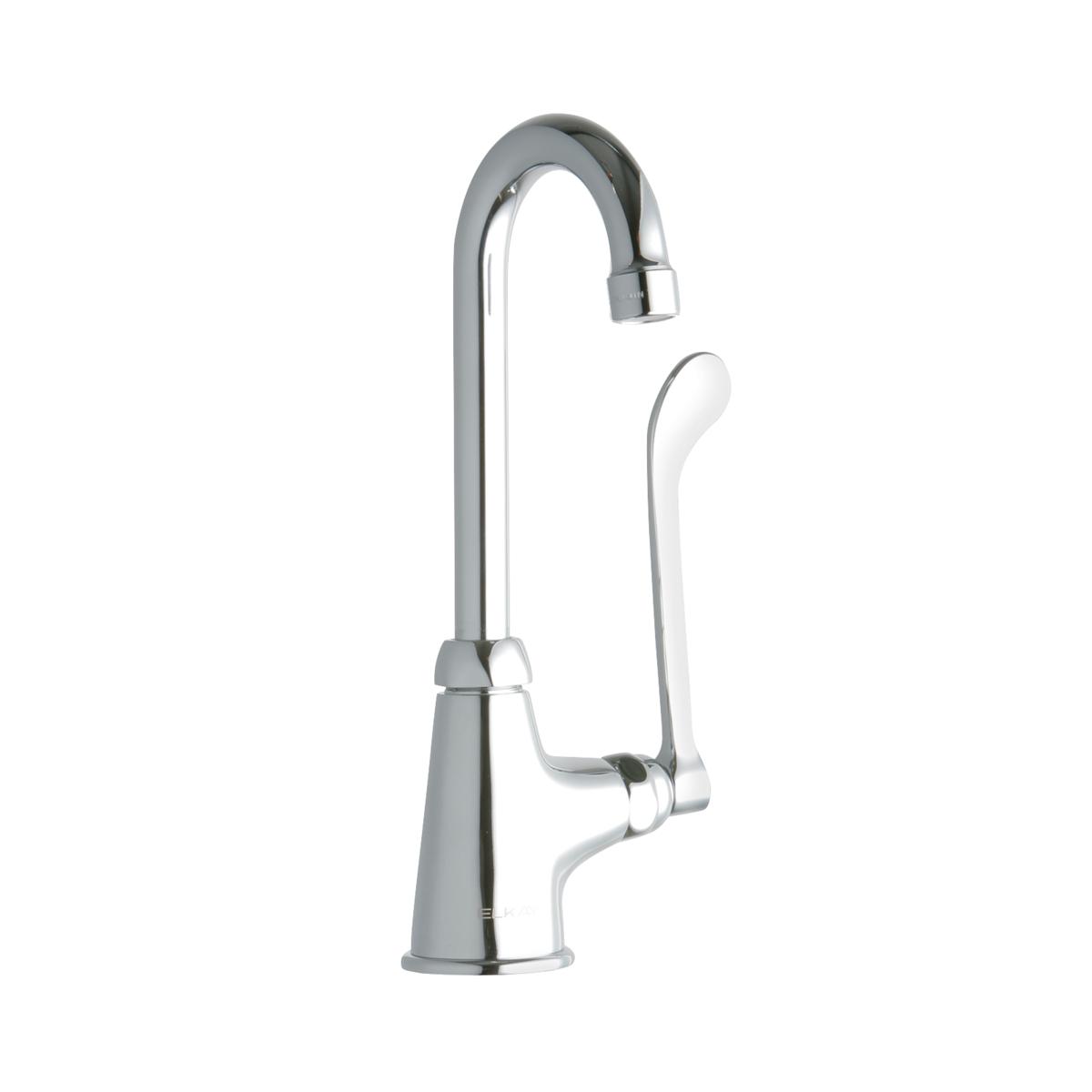 Chrome single-hole faucet with curved gooseneck spout and lever handle.