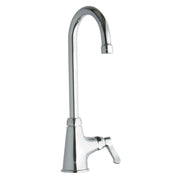 Chrome single-hole faucet with gooseneck spout and lever handle.