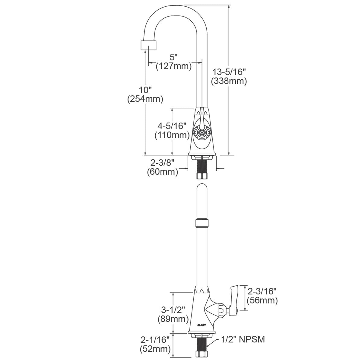 Chrome single-hole kitchen faucet with 5-inch gooseneck spout and 2-inch lever handle, shown with dimensional specifications.