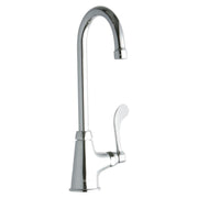 Chrome single-hole kitchen faucet with curved gooseneck spout and wristblade handle.