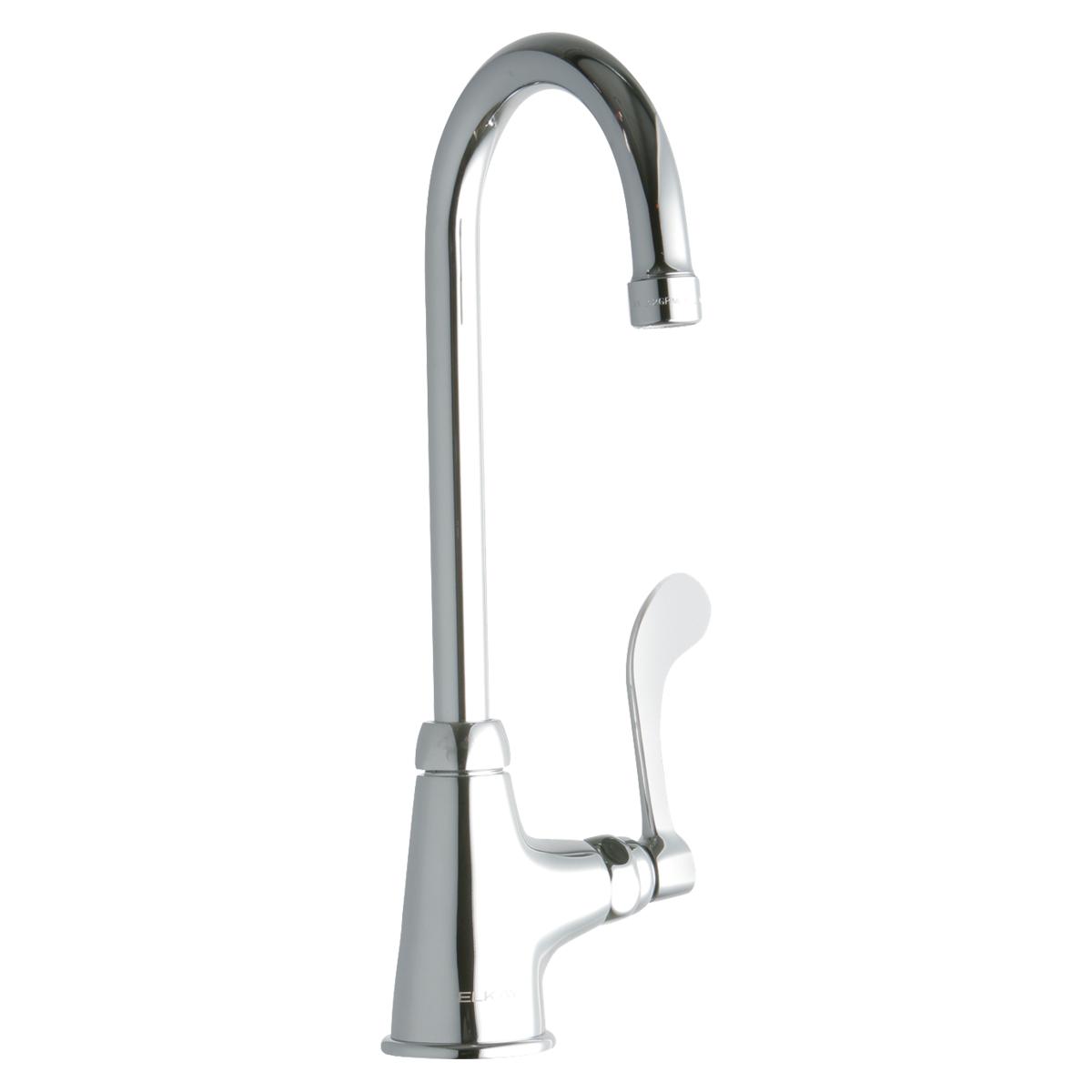 Chrome single-hole kitchen faucet with curved gooseneck spout and wristblade handle.