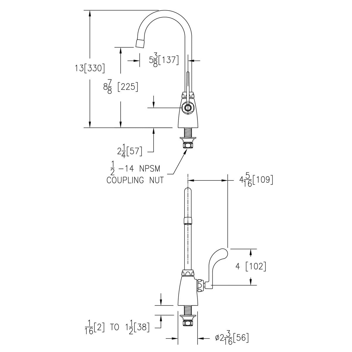 Chrome single-hole faucet with curved gooseneck spout and wristblade handle, shown with technical specifications and dimensio