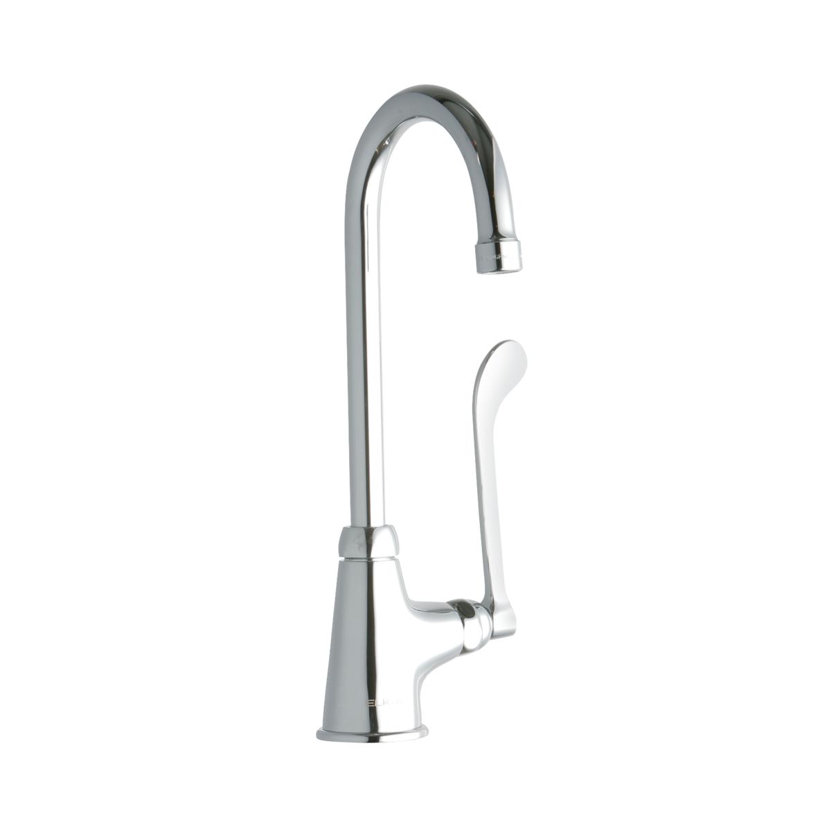 Chrome single-hole faucet with curved gooseneck spout and wristblade handle.