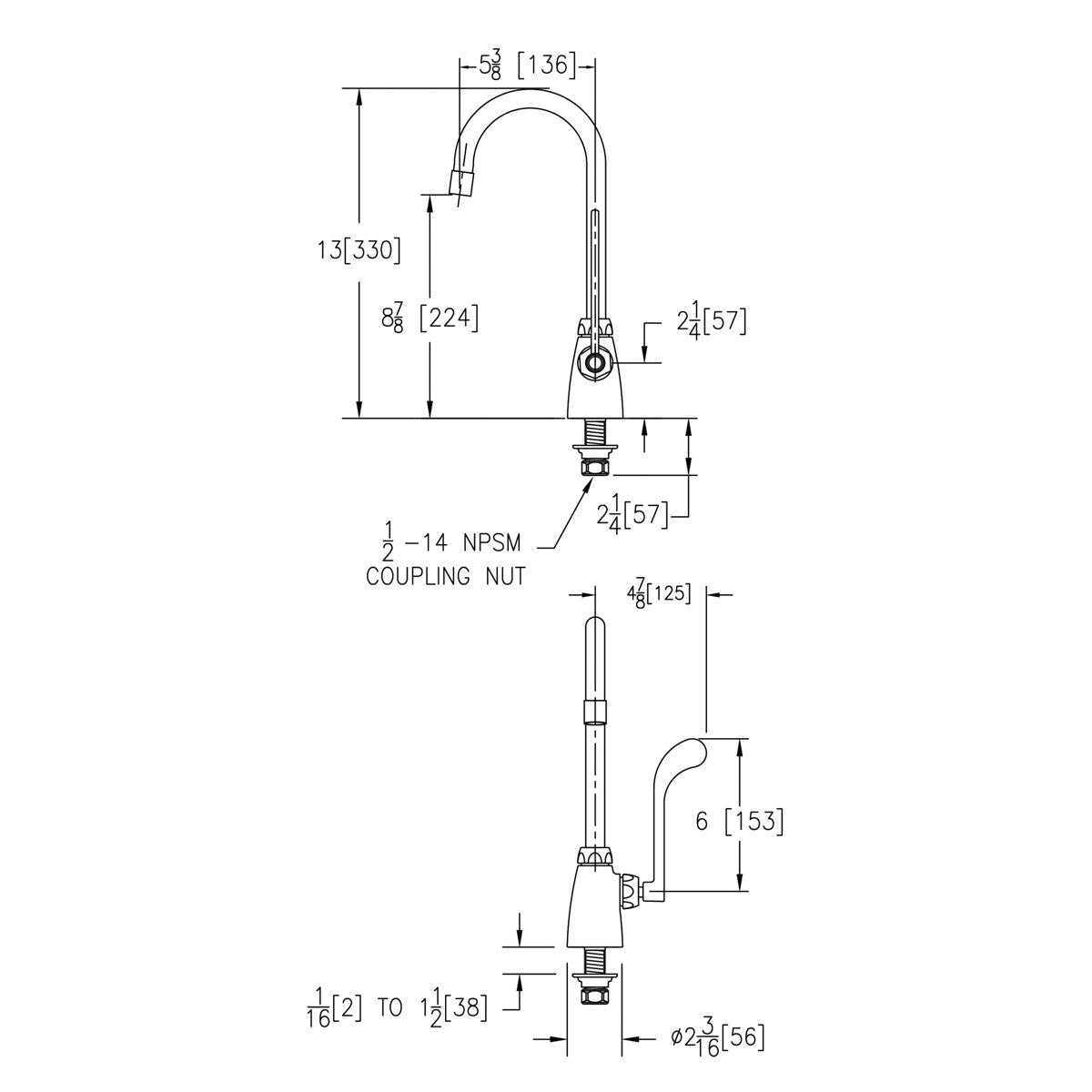 Chrome kitchen faucet with curved gooseneck spout, wristblade handle, and mounting specifications shown in technical diagram.