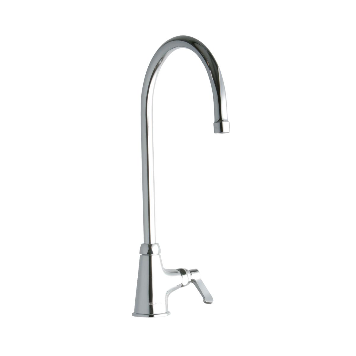 Chrome single-hole faucet with tall gooseneck spout and lever handle.