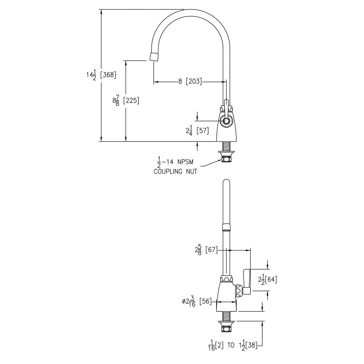 Chrome single-hole faucet with curved gooseneck spout and lever handle, shown in technical line drawing with dimensions.
